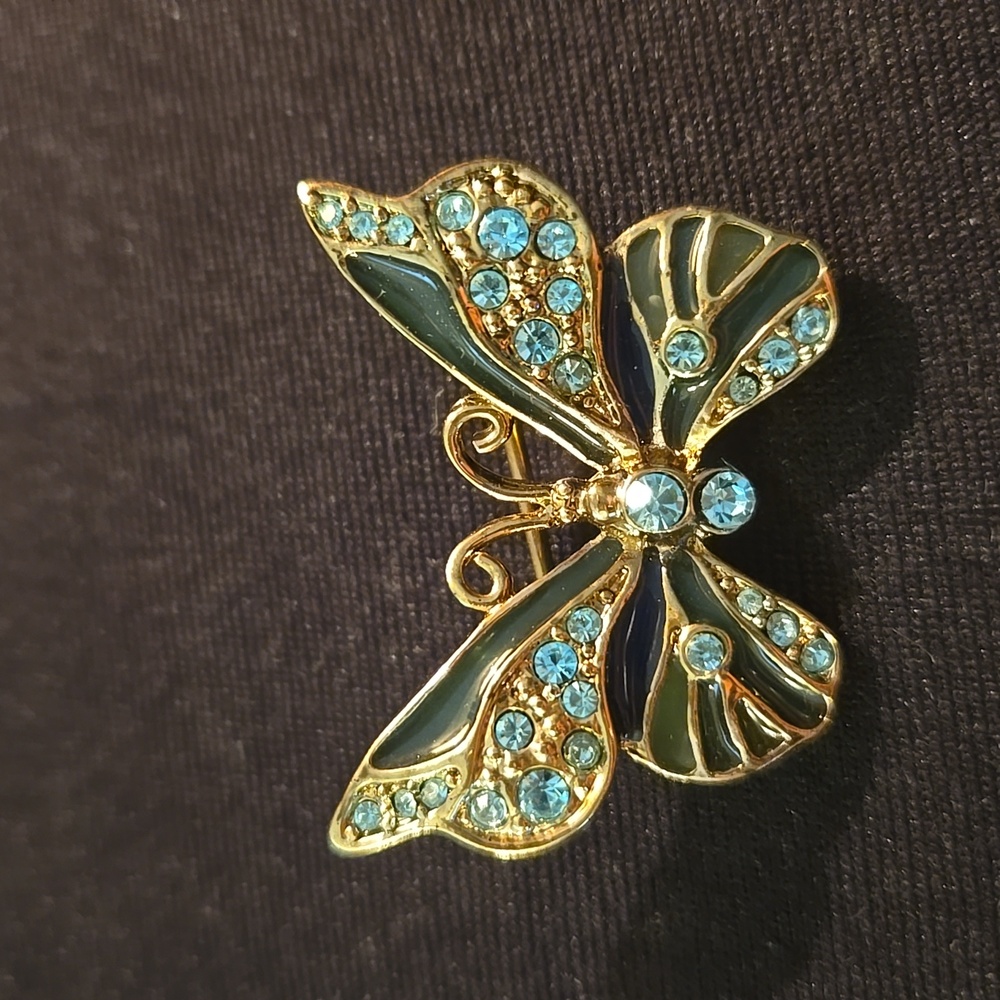 Vintage LC Liz Claiborne Enamel GiIlloche Butterfly Brooch w/Blue Rhinestones